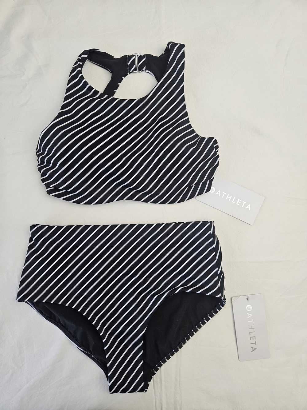 Athleta Black & White Striped High-Neck Bikini Set